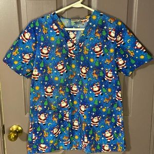 Just Cotton Christmas Holiday Scrub Top Women’s Size X Small Santa Festive